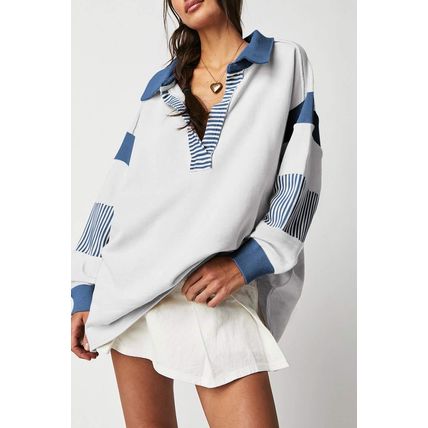 Dark Blue Striped Colorblock Patchwork Collar Sweatshirt
