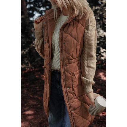 Coffee Longline Quilted Stand Collar Puffer Vest