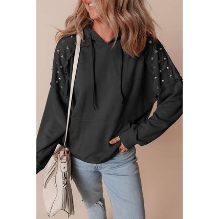 Black Solid Color Rivet Stud Raglan Sleeve Hoodie with Pocket