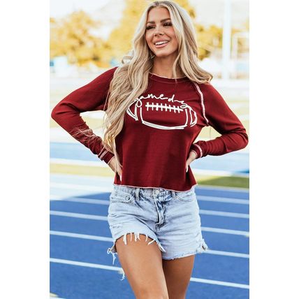 Red Game Day Rugby Football Graphic Thermal Knit Top
