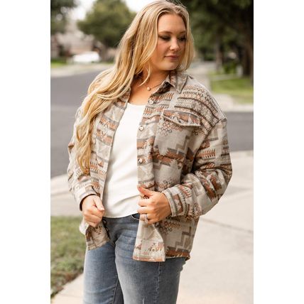 White Aztec Geometric Print Pockets Plus Size Jacket