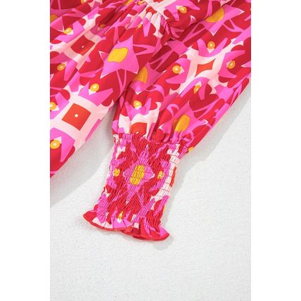 Strawberry Pink Geometric Print Smocked Long Sleeve Mini Dress