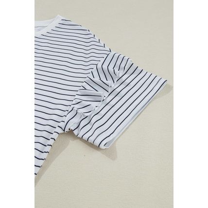 White Stripe Ruffled Short Sleeve Crew Neck T Shirt Shift Mini Dress