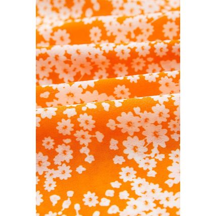 Orange Floral Print Smocked V Neck Wide Sleeve Maxi Dress