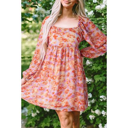 Rose Floral Print Square Neck High Waist Mini Dress