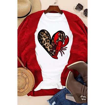 White Crawfish Leopard Heart Print Crewneck Tee