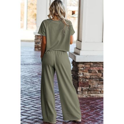 Seagrass Raw Hem Loose Tee and Wide Leg Pants Set
