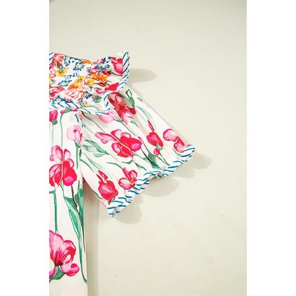 Pink Plus Size Floral Print Striped Trim V Neck Blouse