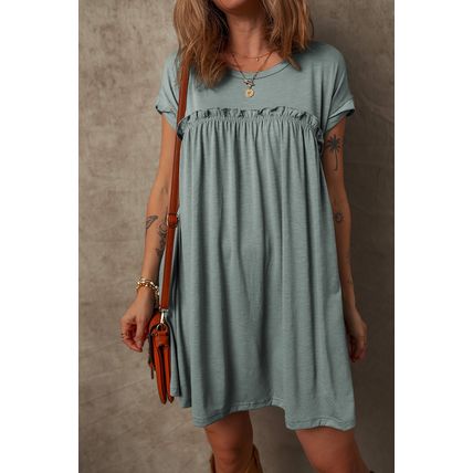 Mist Green Frilled Gathered Seam Round Neck T Shirt Dress