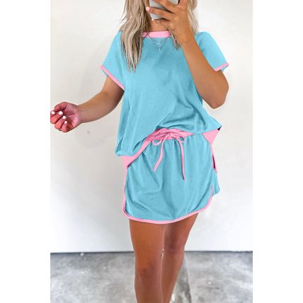 Turquoise Colorblock Edge Drop Shoulder T Shirt and Skort 2Pcs Set