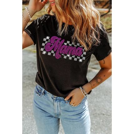 Black Rhinestone Mama Letter Graphic T Shirt