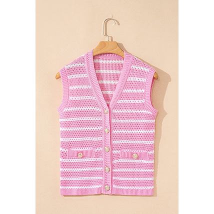 Pink Stripe V Neck Gold Buttons Elegant Sweater Vest