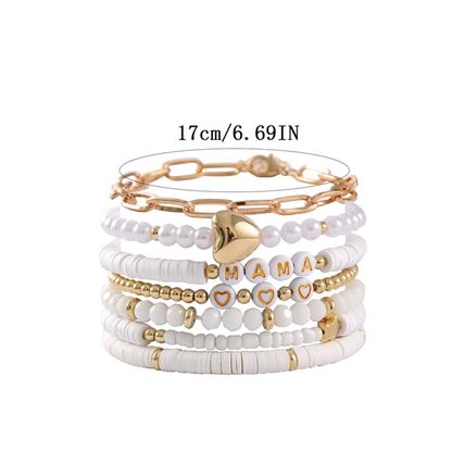 White MAMA Heart Pearl Beaded Chain Multi Layer Bracelet