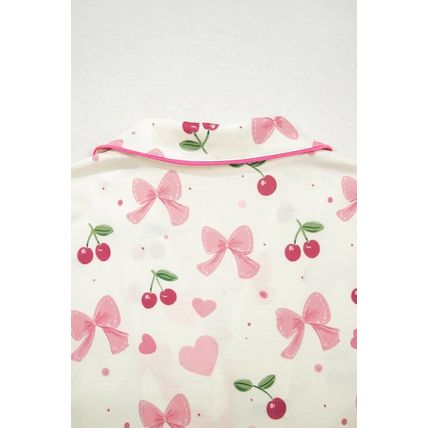 Beige Bow Fruit Print Contrast Pipping Short Pajamas Set