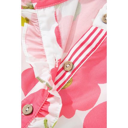 Pink Floral Ruffle Short Sleeve Striped Buttoned Collar Blouse