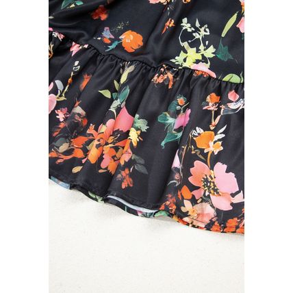 Black Plus Size Floral Print Tie Neck Cinched Waist Long Sleeve Mini Dress