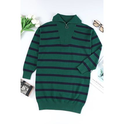 Green Striped/Solid O-ring Zip Collared Loose Sweater Mini Dress