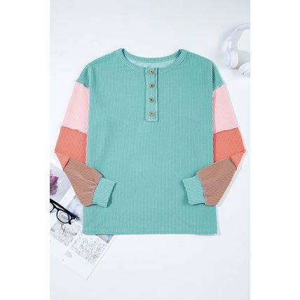 Multicolour Twisted Ribbed Knit Colorblock Henley Top
