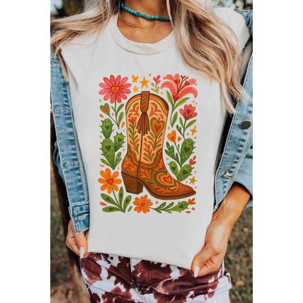 White Western Floral Boots Printed Casual Cotton Blend T Shirt