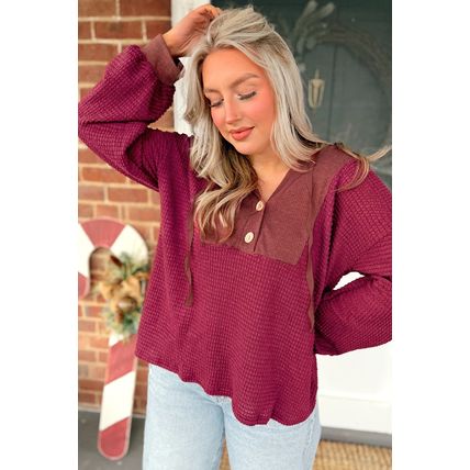 Racing Red Waffle Patchwork Drop Shoulder Hooded Long Sleeve Top