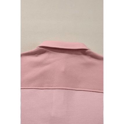 Light Pink Solid Color Long Sleeve Thermal Knit Polo Collar Patchwork Top
