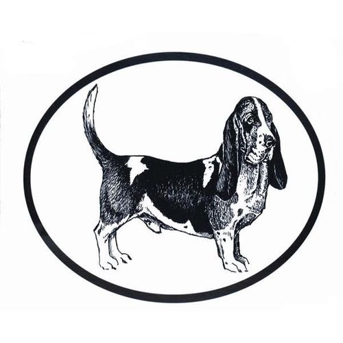 Dog Breed Oval Vinyl Car Decal Black & White Sticker - Basset Hound