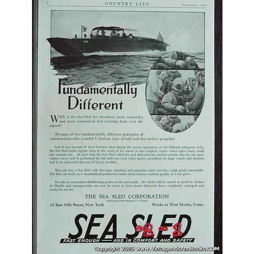 SEA SLED CORPORATION 1925 NYC cruising deep sea diving boat vintage ad