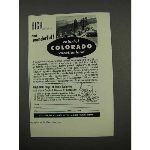 1957 Colorado Tourism Ad - High Wide and Wonderful
