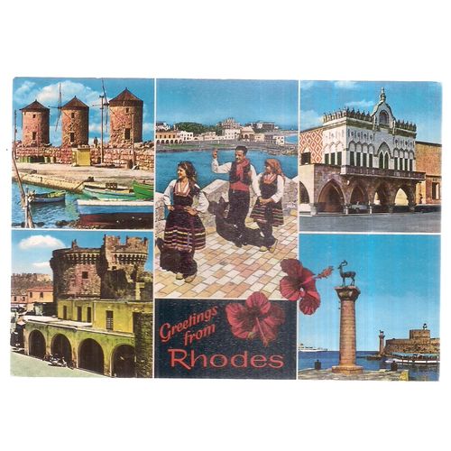 GREETINGS FROM RHODES multi-view used postcard 1987 postmark #