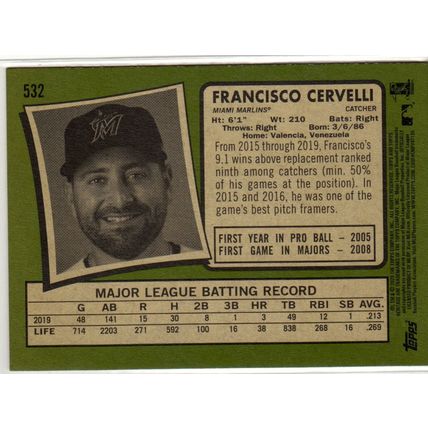 2020 Heritage High Number baseball card 532 Francisco Cervelli - Miami Marlins