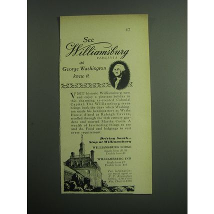 1949 Williamsburg Virginia Ad - See Williamsburg as George Washington knew it
