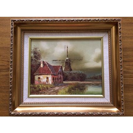 Stunning Vintage Original Framed Oil Painting By I. Costello Windmill & Cottage