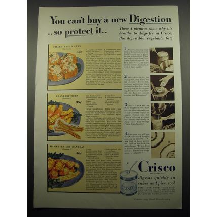 1933 Crisco Shortening Ad - recipes for Filled Bread Cups; Frankfritters