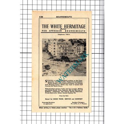 The White Hermitage Hotel Bournemouth / Linden Hall Hydro Advert - 1958 Cutting