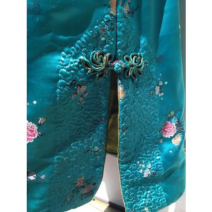 Wms Embroidered Aqua Floral Oriental Kimono Robe Gown Sm/Med Heavy Quality Flaw
