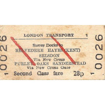 London Transport Edmondson Ticket - Surrey Docks to Belvedere & other destins.