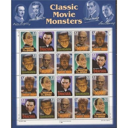 Classic Movie Monsters Collectible Sheet of Twenty 32 Cent Stamps Scott 3168