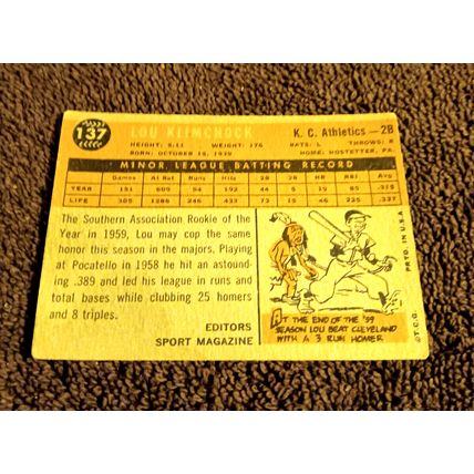 1960 Topps # 137 RC Lou Klimchock Kansas City A's 2nd Base 3.0 VG Condition
