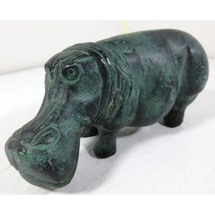 Primitive Style MCM Hippo Figure Metal Green Patina Prehistoric 2.5" x 5"