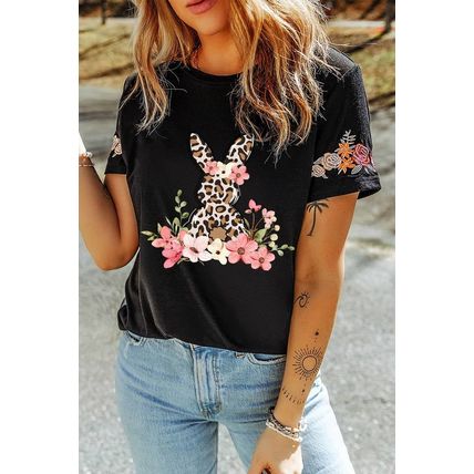 Black Easter Bunny Flower Embroidered Crew Neck T Shirt