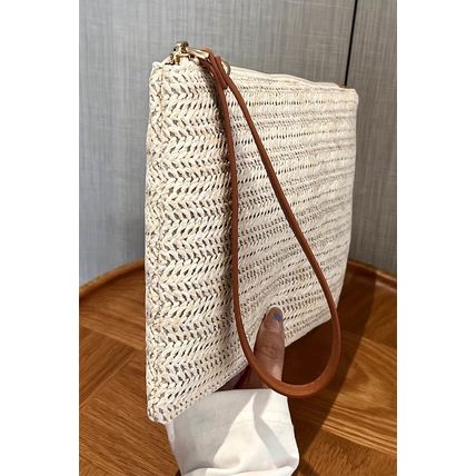 Oatmeal Straw Woven Wrist Strap Zipper Large Wallet
