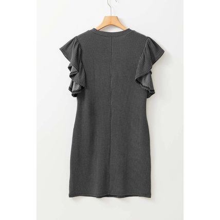 Black Textured Ruffled Flutter Sleeve Mini Dress