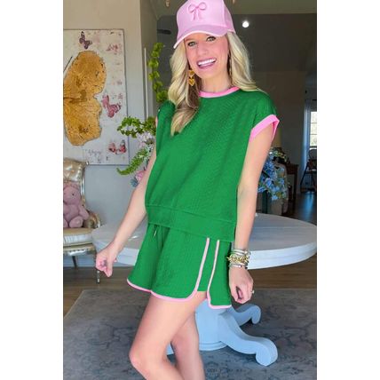 Green Contrast Trim Cable Textured Shorts Set