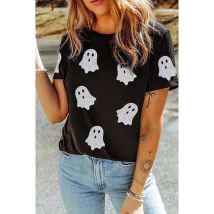 Black Glitter Ghost Pattern Crew Neck Halloween T Shirt
