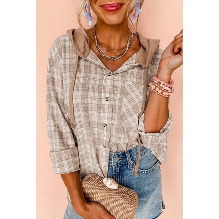 Khaki Checkered Print Loose Fit Buttoned Hooded Shacket
