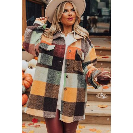 Orange Plaid Print Flap Pocket Long Jacket
