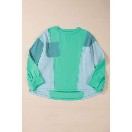 Green Colorblock Stitching Patchwork Buttoned Long Sleeve Top