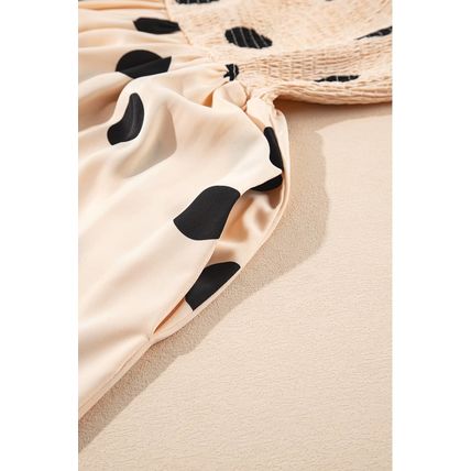 Oatmeal Polka Dot Smocked Fit Flared Sleeveless Long Dress