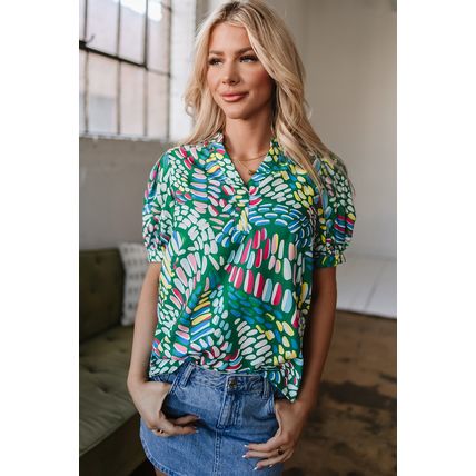 Green Brushwork Geometric Print Puff Sleeve Notched Neck Blouse