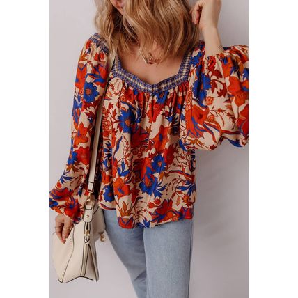Multicolour Floral Print Square Neck Backless Loose Fit Blouse